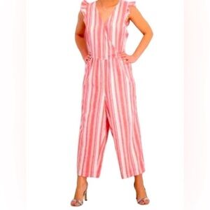 Old Navy Linen Blend Red Stripe V-Neck Cropped Wide Leg Jumpsuit